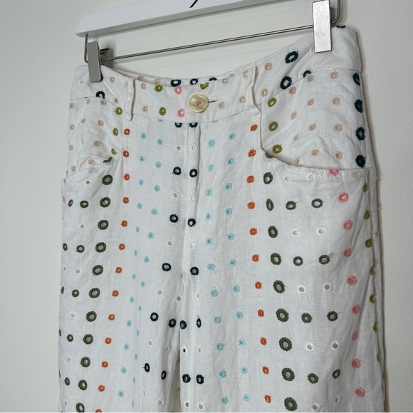 Anthropologie Ett:twa White Linen Colorful Eyelet Wide-Leg Trousers Pants Size 2 - Picture 7 of 10